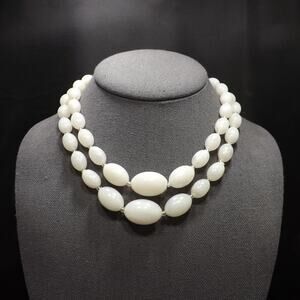 Vintage 1950s White Lucite Bead Necklace 2 Strands Graduated Oval Beads